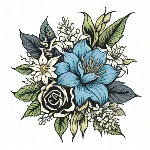 Black rose, blue corn rose flower, easter lily, and edelweiss tattoo design idea