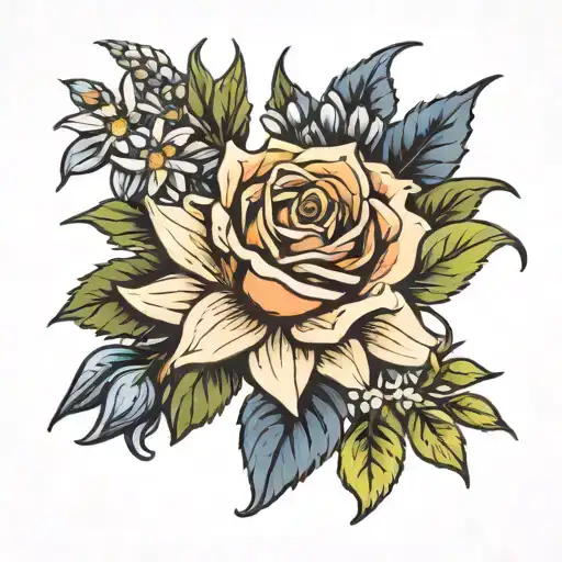Black rose, blue corn rose flower, easter lily, and edelweiss bouquet  tattoo design idea