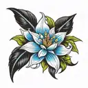 Black rose, easter lily, blue corn rose flower, and edelweiss in one tattoo  tattoo design idea
