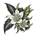 Black rose, easter lily, blue corn rose flower, and edelweiss in one tattoo  tattoo design idea