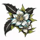 Black rose, easter lily, blue corn rose flower, and edelweiss in one tattoo  tattoo design idea