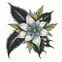 Black rose, easter lily, blue corn rose flower, and edelweiss in one tattoo  tattoo design idea