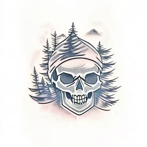  skull with trees and mountain  tattoo design idea