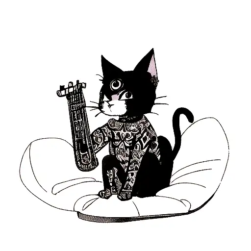 A blackwork tattoo of a cat playing a musical instrument while wearing fashionable clothes tattoo design idea