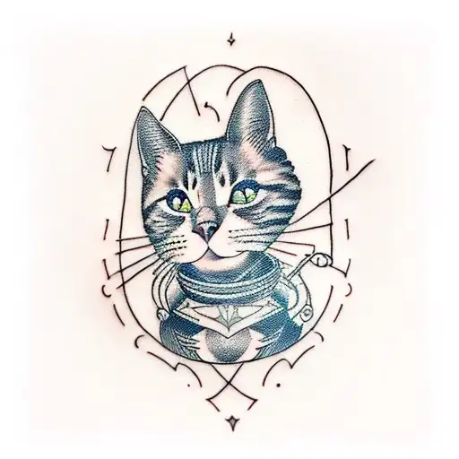 A blackwork tattoo of a cat playing a musical instrument while wearing fashionable clothes tattoo design idea