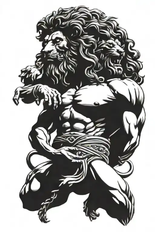 hercules with lion head and parthenon column intertwined tattoo design idea