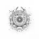 A raving DJ surrounded by pulsating music waves tattoo design idea