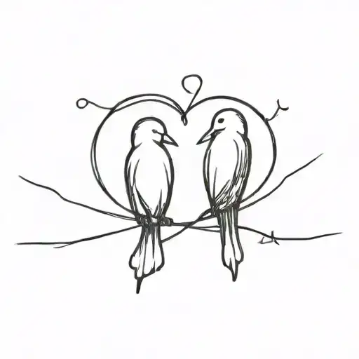 2 b irds on a wire from the back sitting together staring at a heart with a wedding date below the wire tattoo design idea