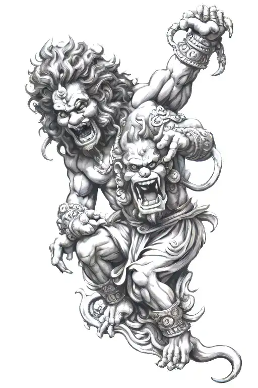 narasimha depicting anger taking over calm man sitting tattoo design idea