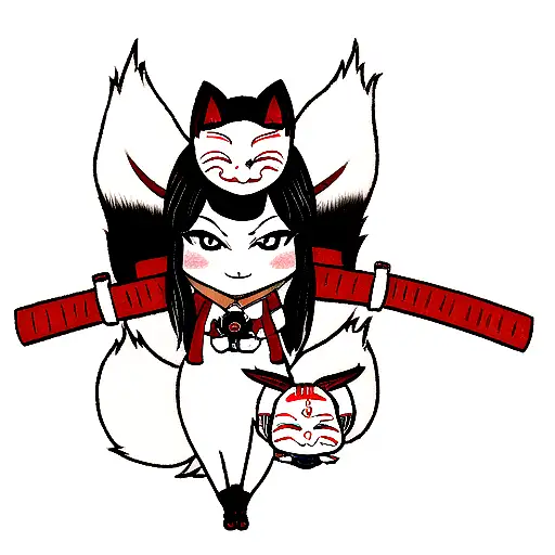 Anime Geisha With Fox Mask Holding Katana Tattoo Idea Blackink Ai