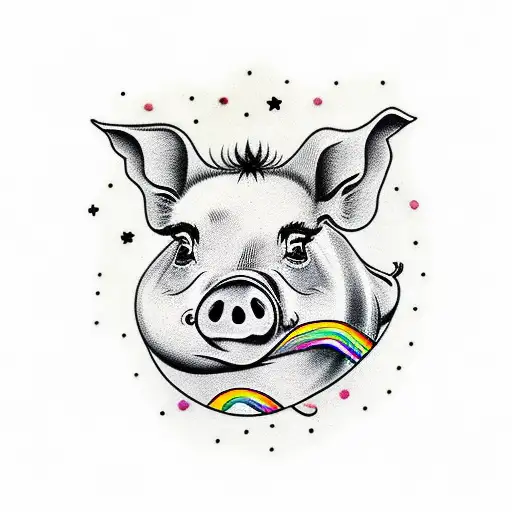 pig with rainbow and wall tattoo design idea