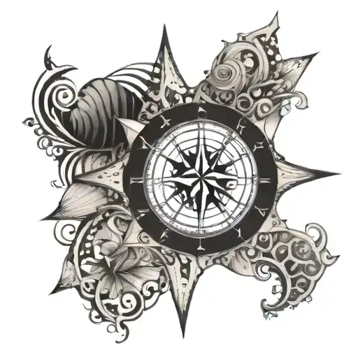 A tribal-inspired compass rose design with ocean waves and seashells, reflecting the client's passion for exploration and the sea tattoo design idea