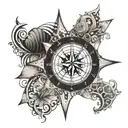 A tribal-inspired compass rose design with ocean waves and seashells, reflecting the client's passion for exploration and the sea tattoo design idea