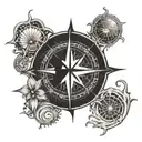 A tribal-inspired compass rose design with ocean waves and seashells, reflecting the client's passion for exploration and the sea tattoo design idea