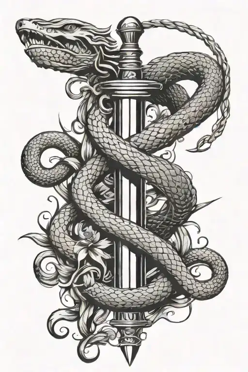 a sword as the base, a snake wrapped around the handle slithering around the sword, and ros tattoo design idea