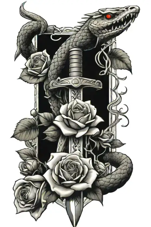 a sword as the base, a snake wrapped around the handle slithering around the sword, and roses around the the sword/snake tattoo design idea