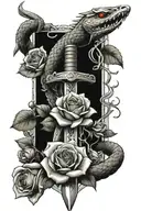 a sword as the base, a snake wrapped around the handle slithering around the sword, and roses around the the sword/snake tattoo design idea
