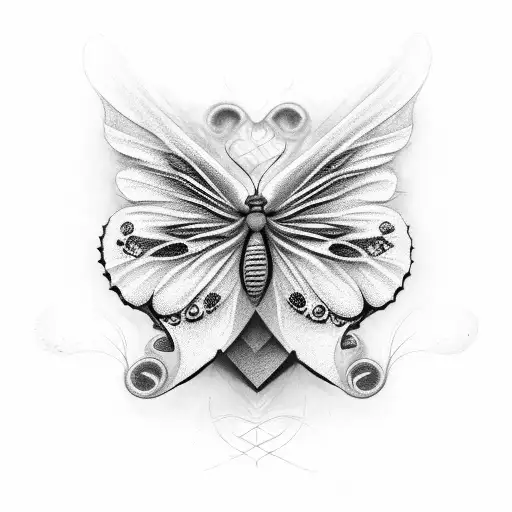 A realistic black and grey  3D  shaded butterflies with cross and heart tattoo design idea