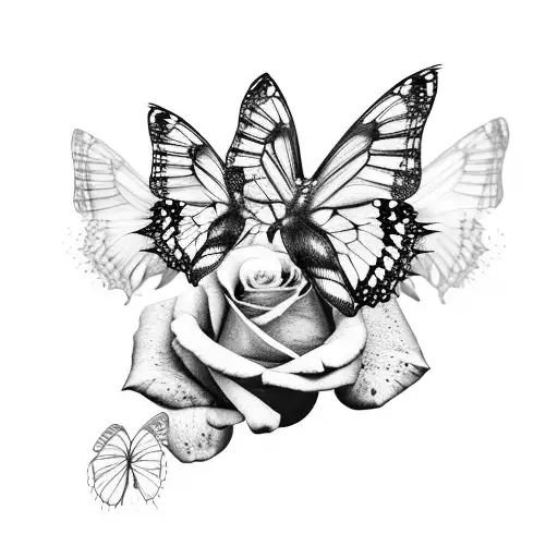 A realistic black and grey roses with 3D  shaded butterfly wings tattoo design idea