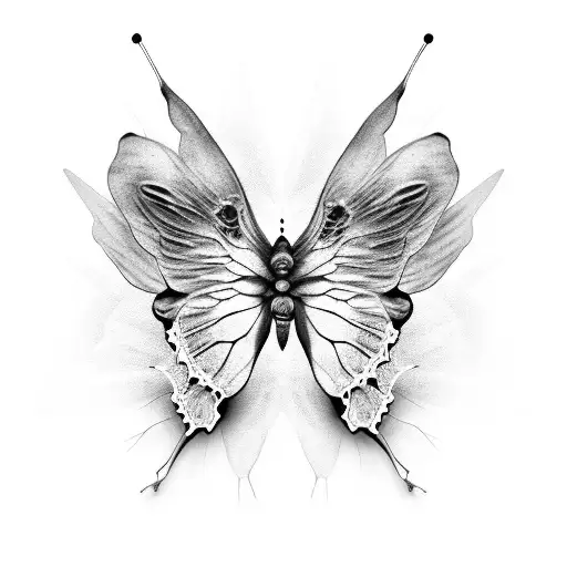 A realistic black and grey roses with 3D  shaded butterfly wings tattoo design idea