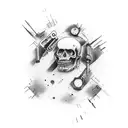 forearm tattoo, that includes items relating to piano, football, discipline, military, french, politics, weights tattoo design idea