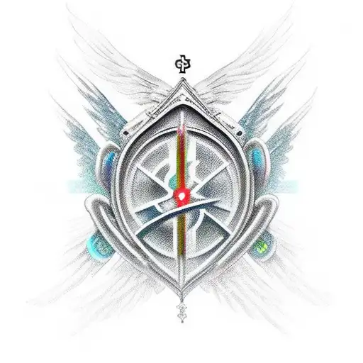 cyber sigilism cross with angels on either side of the top tattoo design idea