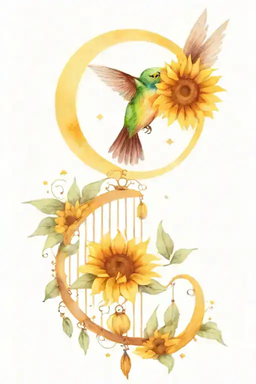 hummingbird, sunflower, moon, sun , dream catcher tattoo design idea