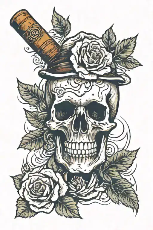 skull, roses, cigars, and whiskey.  tattoo design idea