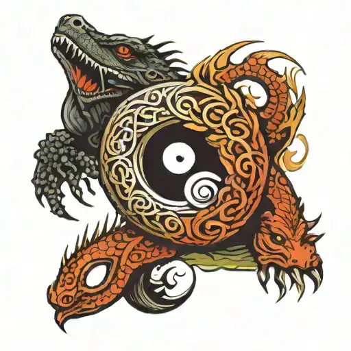 Yin Yang Crocodiles in Runic Style, Graphics tattoo design idea
