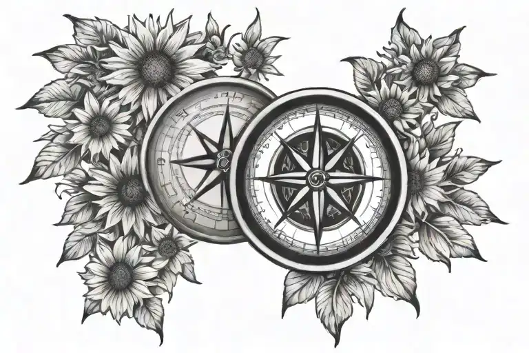 memento mori, compass, black eyed susans tattoo design idea