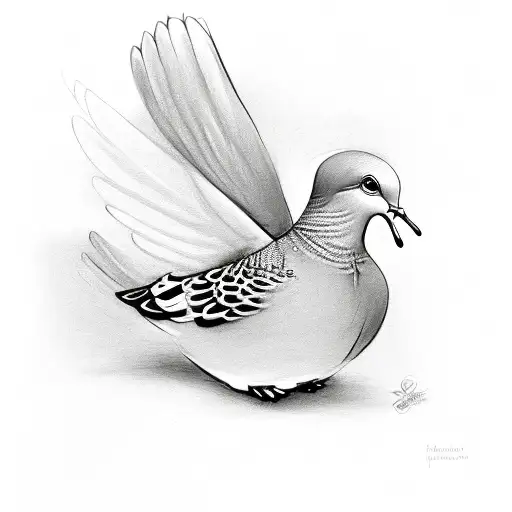 A detailed sketch of a peaceful dove carrying a banner with the name 'Sarah E. Hoisington' tattoo design idea