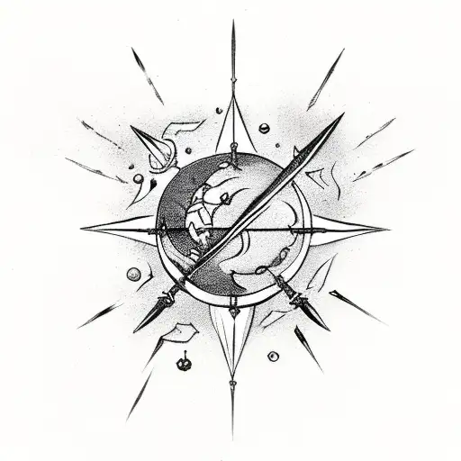 A magical dagger piercing through a celestial sphere tattoo design idea