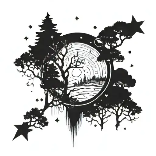 Design a tattoo featuring a mystical forest scene with planets and stars peeking through the trees, symbolizing the client's love for nature and astrology tattoo design idea