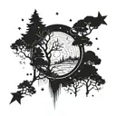 Design a tattoo featuring a mystical forest scene with planets and stars peeking through the trees, symbolizing the client's love for nature and astrology tattoo design idea