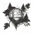 Design a tattoo featuring a mystical forest scene with planets and stars peeking through the trees, symbolizing the client's love for nature and astrology tattoo design idea