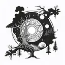 Design a tattoo featuring a mystical forest scene with planets and stars peeking through the trees, symbolizing the client's love for nature and astrology tattoo design idea