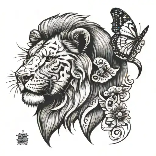 black and white lion with butterfly on nose tattoo design idea