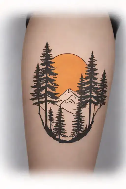 6 weeping cedar trees on a large mountain range with a cross on the face of a shining sun tattoo design idea