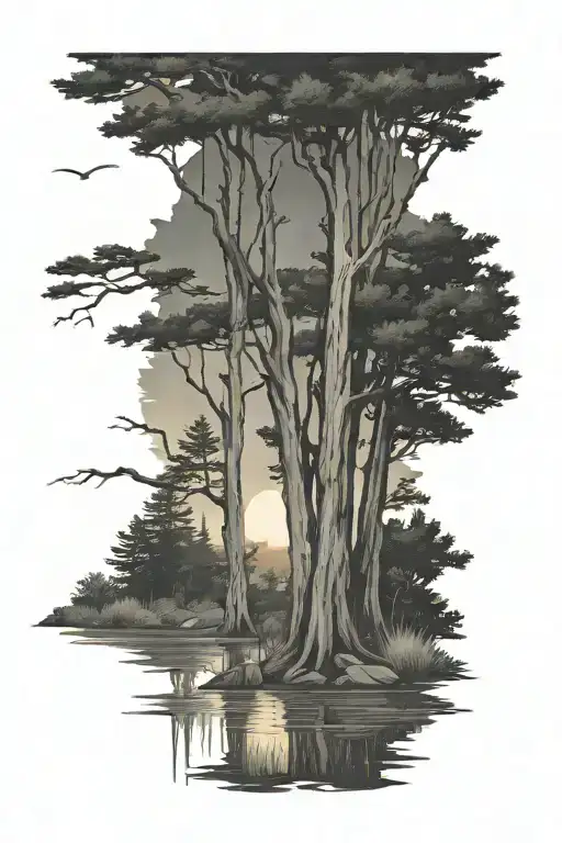 6 weeping cedar trees behind a pond under a rising sun tattoo design idea