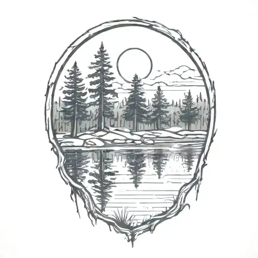 cedar forest behind a pond with a fully visible shining sun tattoo design idea