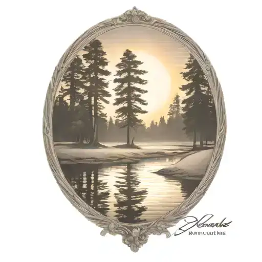 redwood trees and golf course behind a pond with a fully visible shining sun tattoo design idea