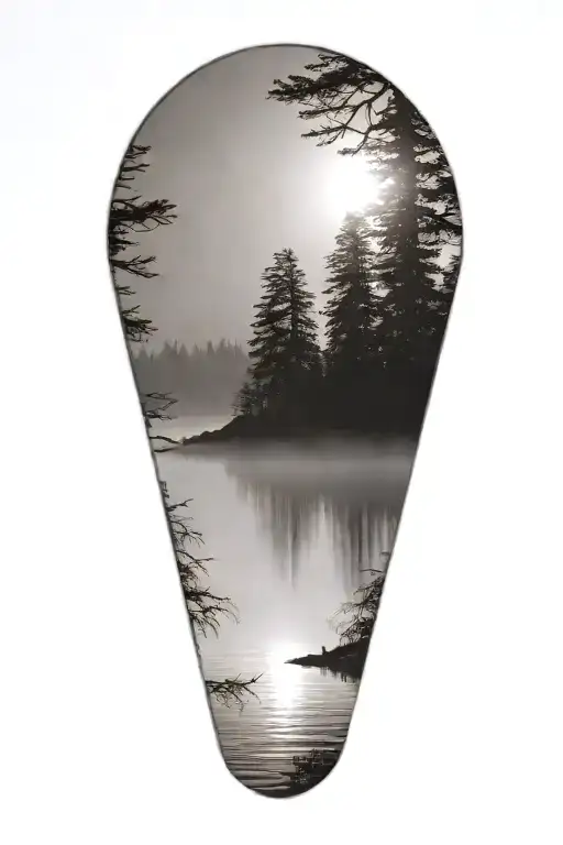 cedar forest behind water with a shining sun rising tattoo design idea