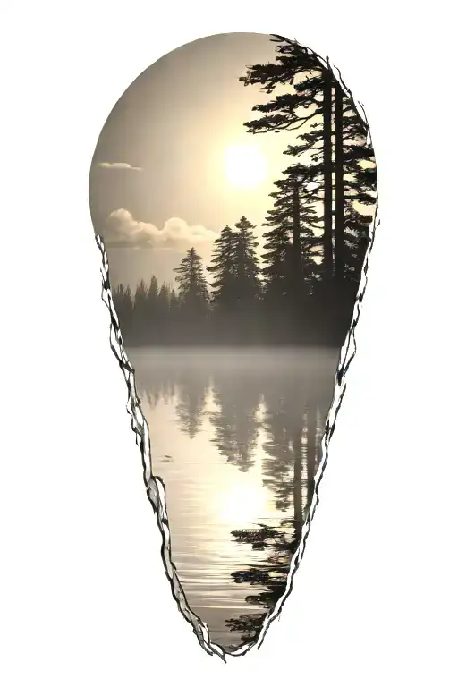 cedar forest behind water with a shining sun rising tattoo design idea