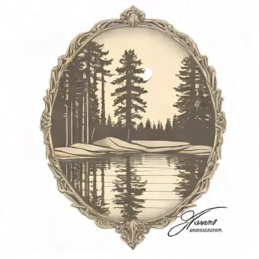 redwood trees and golf course behind a pond with a fully visible shining sun tattoo design idea