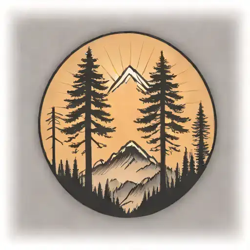 6 cedar trees at the base of a large mountain range under a shining sun tattoo design idea