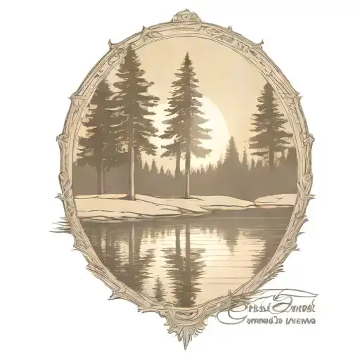 redwood trees and golf course behind a pond with a fully visible shining sun tattoo design idea