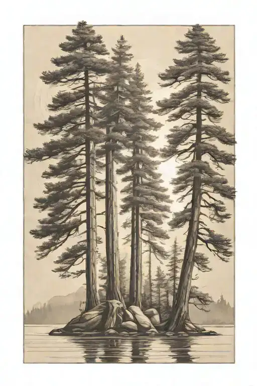 6 redwood trees of different sizes on a smooth lake shore under a shining sun tattoo design idea