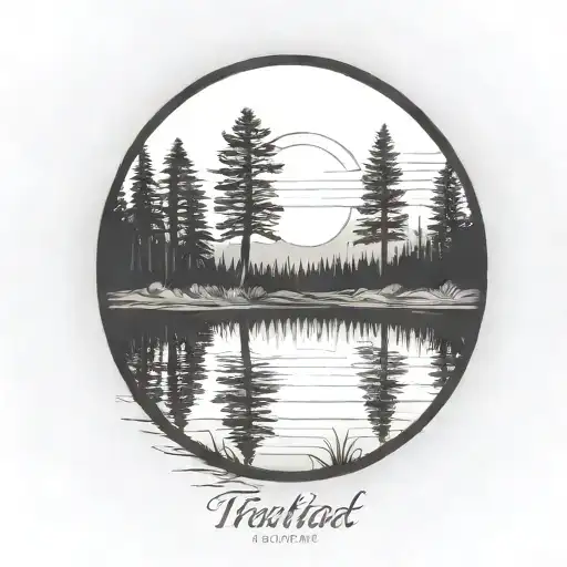 redwood trees behind a pond with a fully visible shining sun tattoo design idea