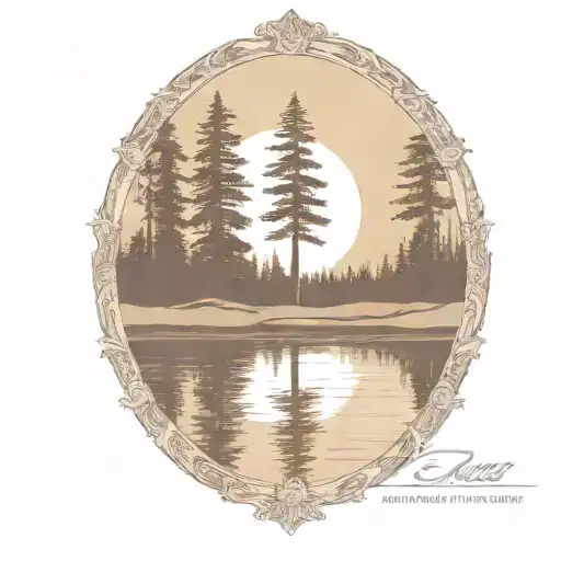 redwood trees and golf course behind a pond with a fully visible shining sun tattoo design idea