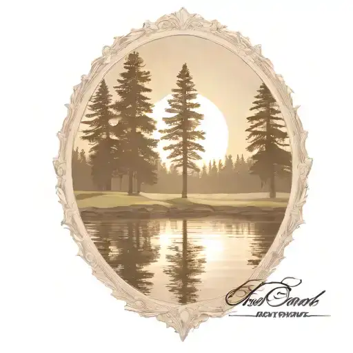 redwood trees and golf course behind a pond with a fully visible shining sun tattoo design idea